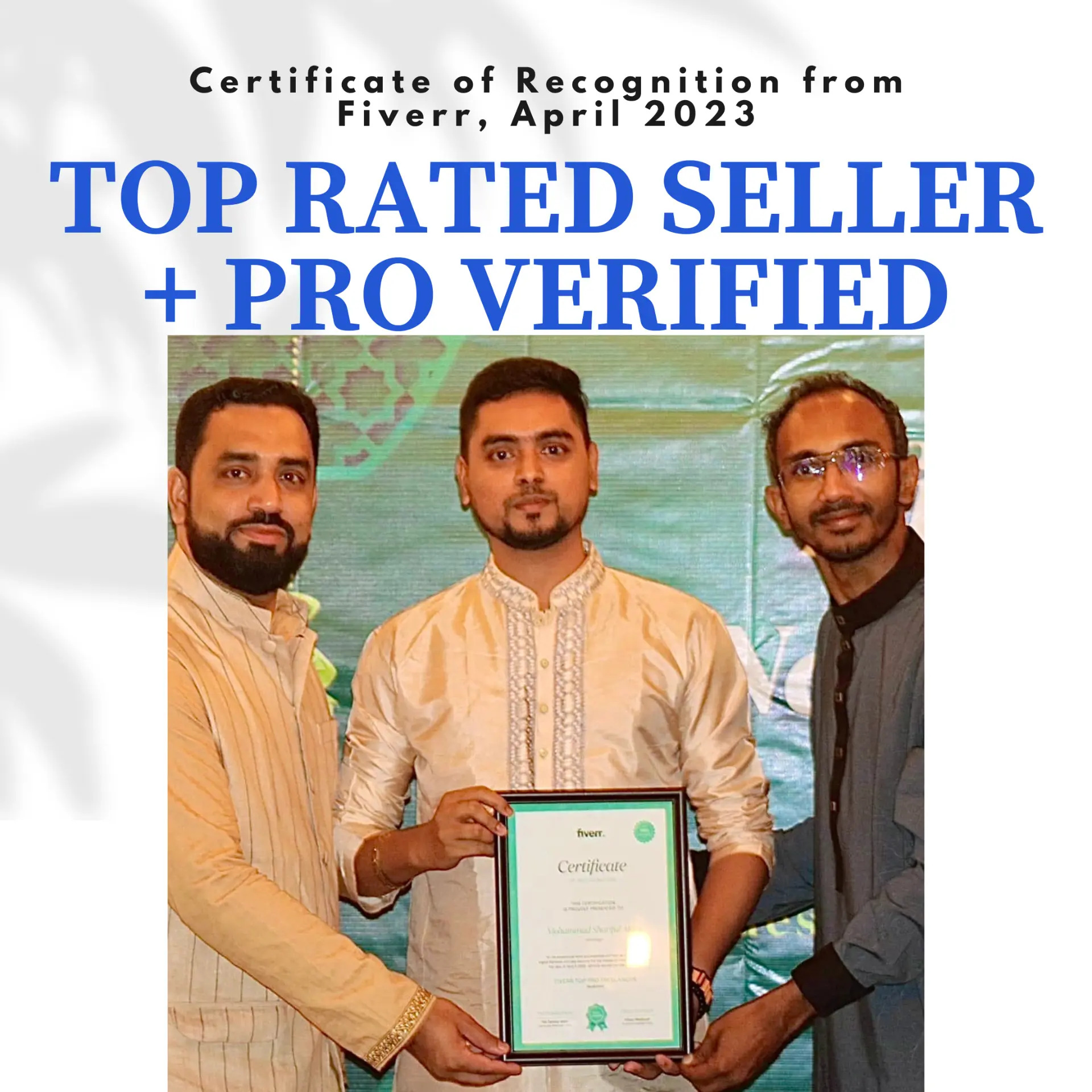 Shuvo receiving a Fiverr Certificate of Recognition, April 2023